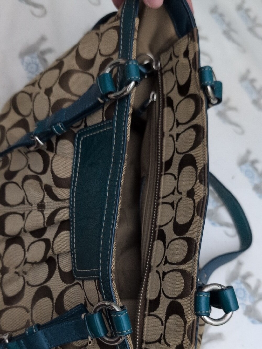 Vintage Y2k Coach Brown Signature Shoulder Bag with Teal Trim - Picture 6 of 10